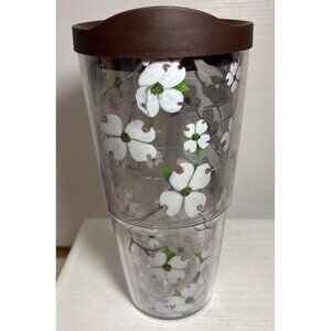 Tervis Tumbler Dogwood Flower With Brown Lid 24 Oz Clear Plastic 7.5" Tall